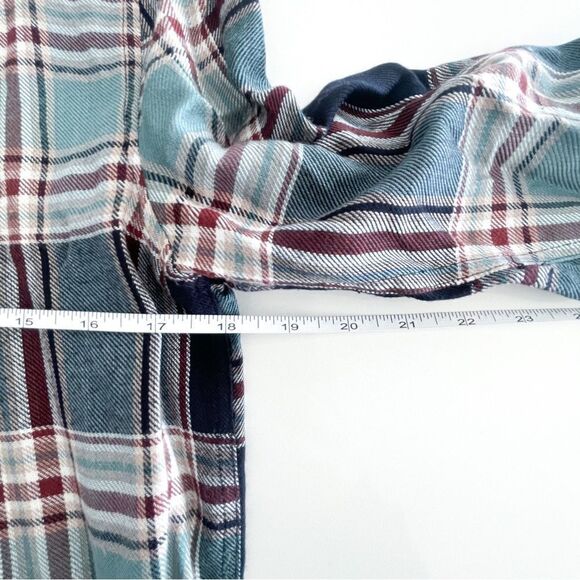 Dex Shirt Plaid Top Teal Black Burgundy Button Up Curved Bottom Women's M Rayon - Picture 6 of 9